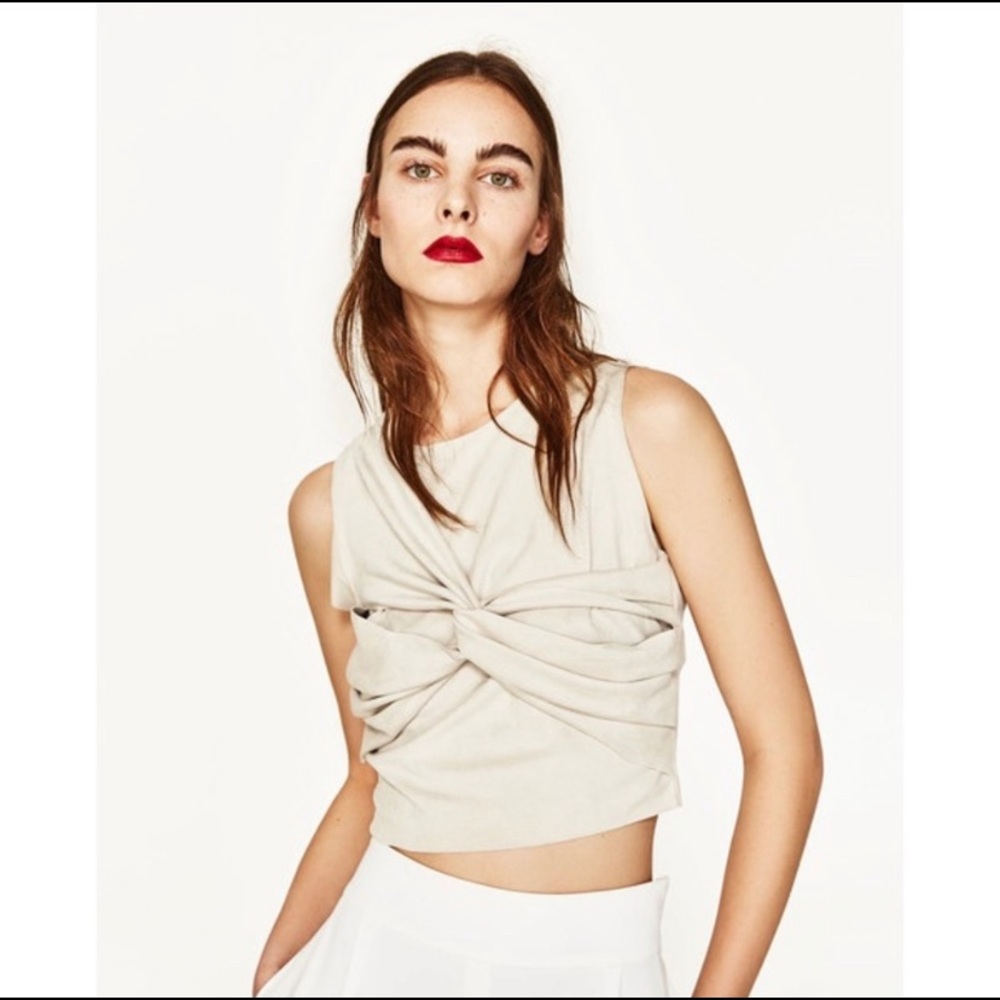 Zara Beige Faux Suede Front Knotted Crop Top